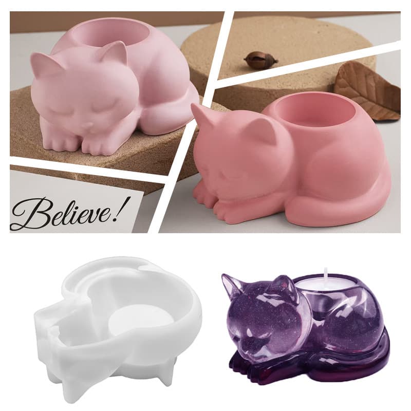 DIY Resin Epoxy Gypsum Cement Cat Candle Holder Animal Figurine Aromatherapy Gypsum Mirror Silicone Mold