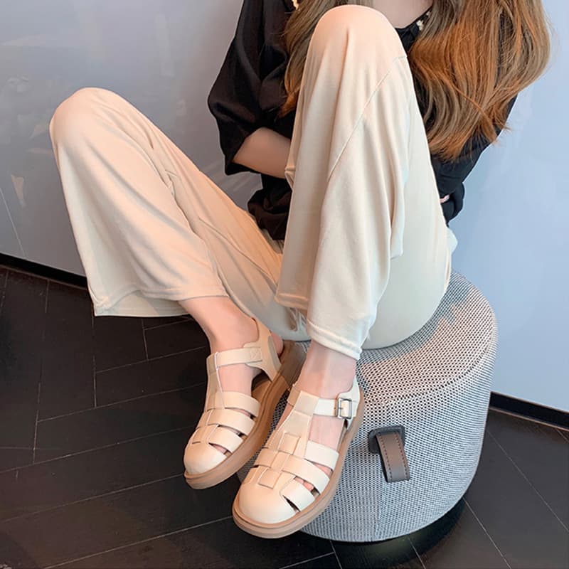 Genuine Leather Soft Sole Breathable Summer Cowhide Casual Fashion Closed-Toe Woven Thick-Sole Roman Sandals for Women