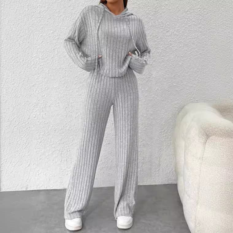 2025 New Foreign Trade Sweatshirt Loose Hoodie Knitted Stripe Set Long-Sleeve Casual European and American Women's Clothing Wholesale