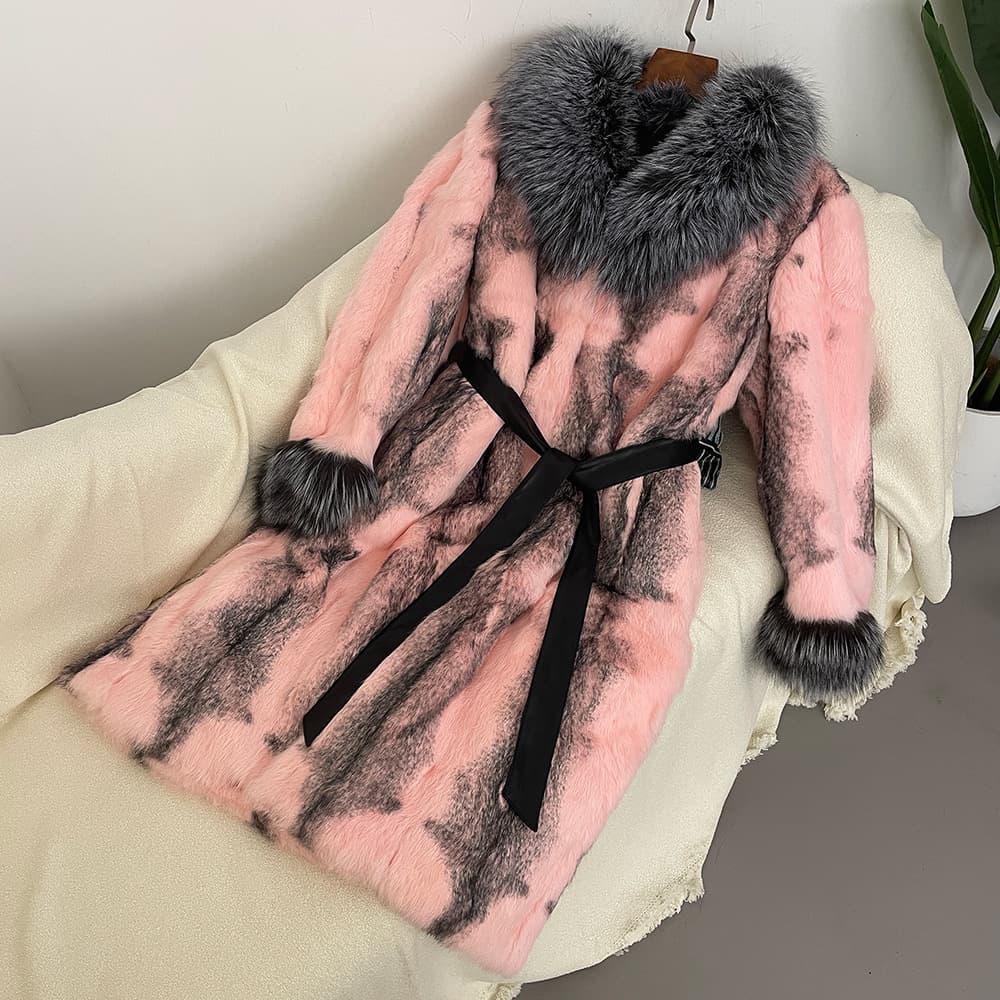 Rabbit Fur and Leather Long Coat with Real Fox Fur Collar, Women's Winter Fur Outerwear with Fox Fur Trim