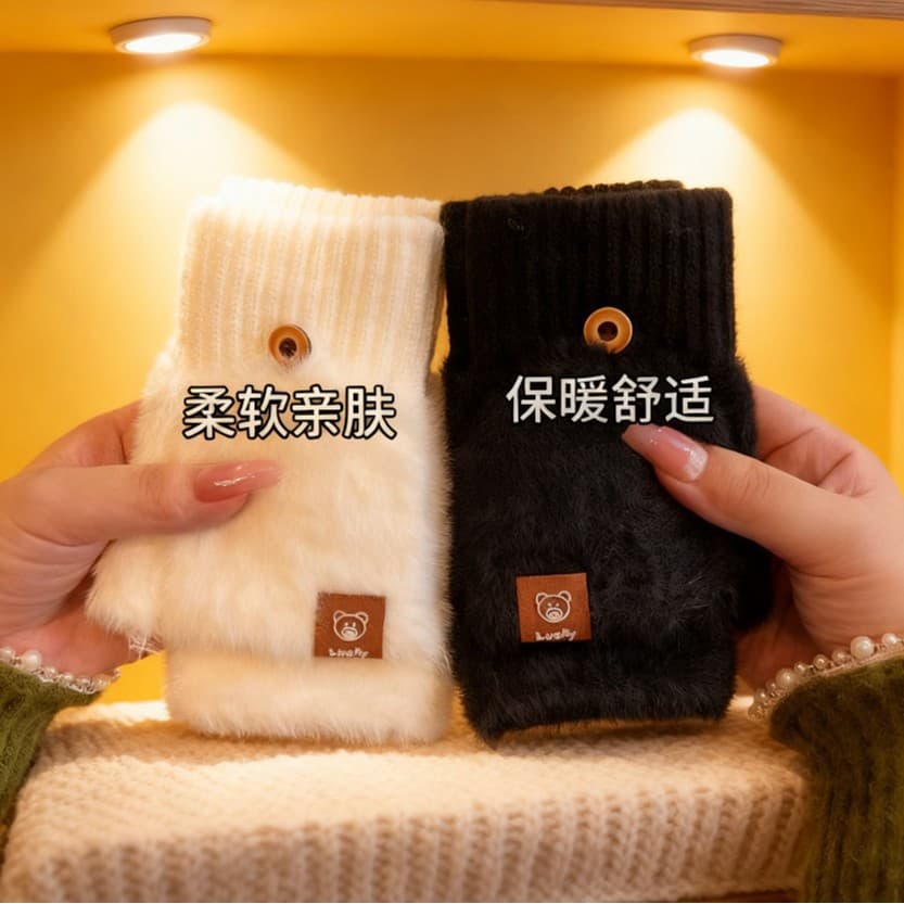 [New Customer Discount of ¥5] Cute and Warm Winter Fingerless Flip-Top Gloves for Writing and Touchscreen