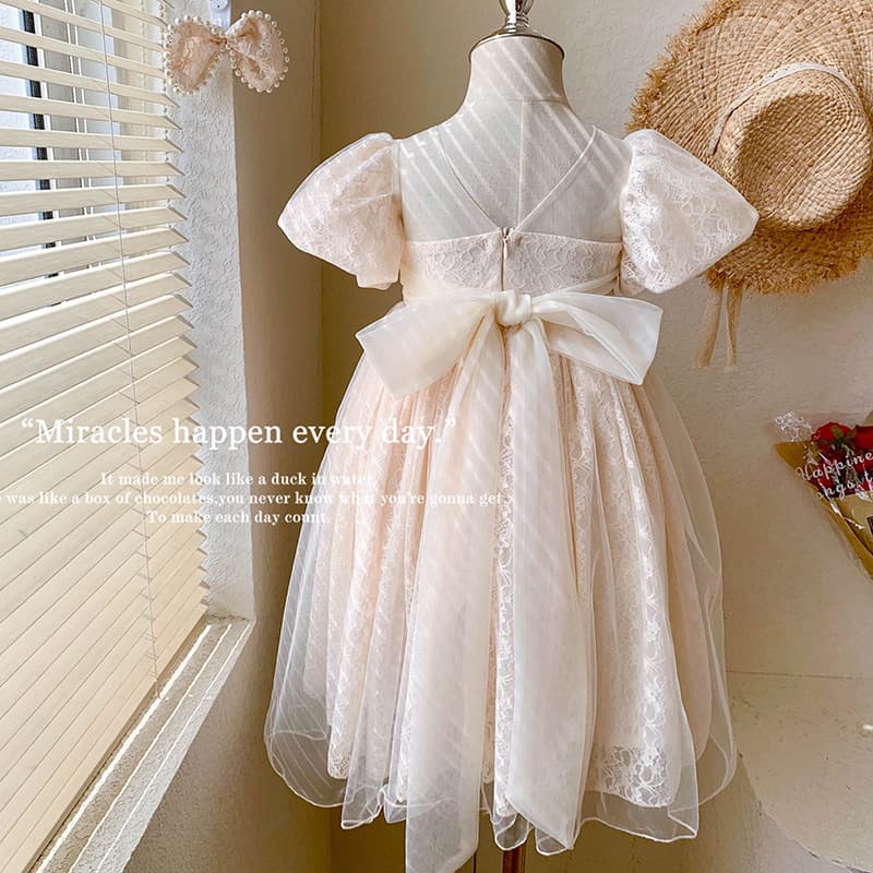 Girls short-sleeved dress 2026 summer new children's mesh princess dress trendy children's bow dress