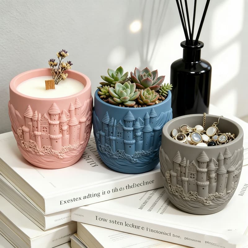 Castle Plaster Aromatherapy Candle Cup Mold DIY Epoxy Resin Storage Cup Cement Flower Pot Ornament Silicone Mold