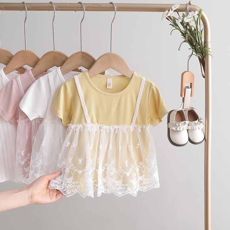 2025 Children's Summer Girls' Fake Two-Piece Short Sleeve T-Shirt Baby Modal Top Kids' Lace T-Shirt