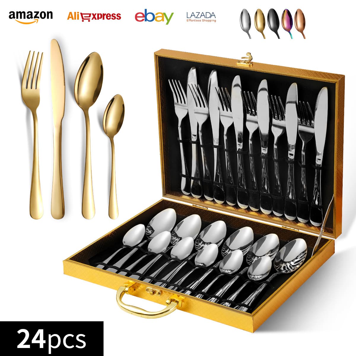 Factory Direct Supply Cross-Border Amazon 1010 Stainless Steel Cutlery 24-Piece Set Western Steak Knife Fork Gold Box Gift Pack