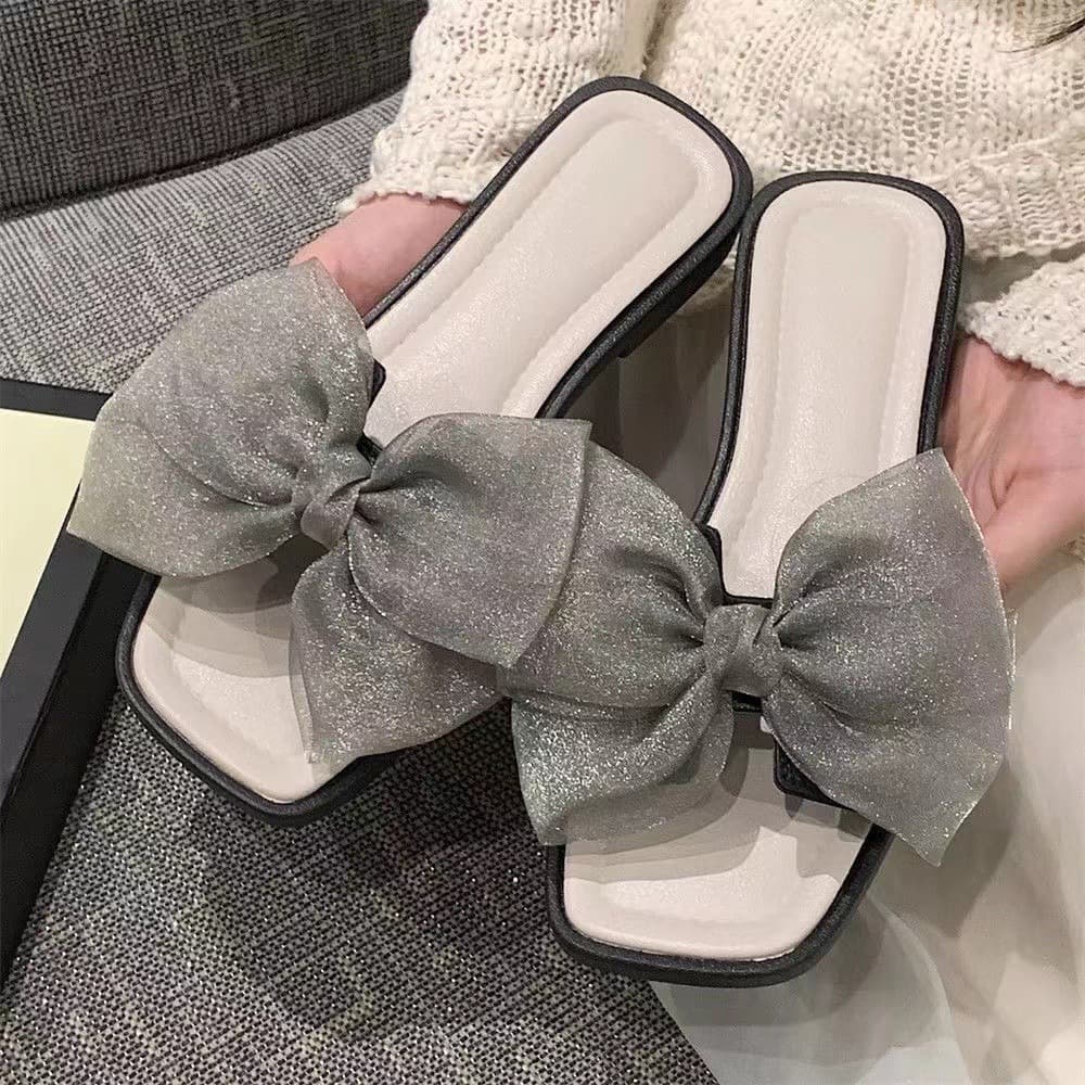 Fairy Style Mesh Bow Flat One-Strap Slippers Women Summer Fashion Anti-Slip Beach Sandals Slippers Viral Hot Style