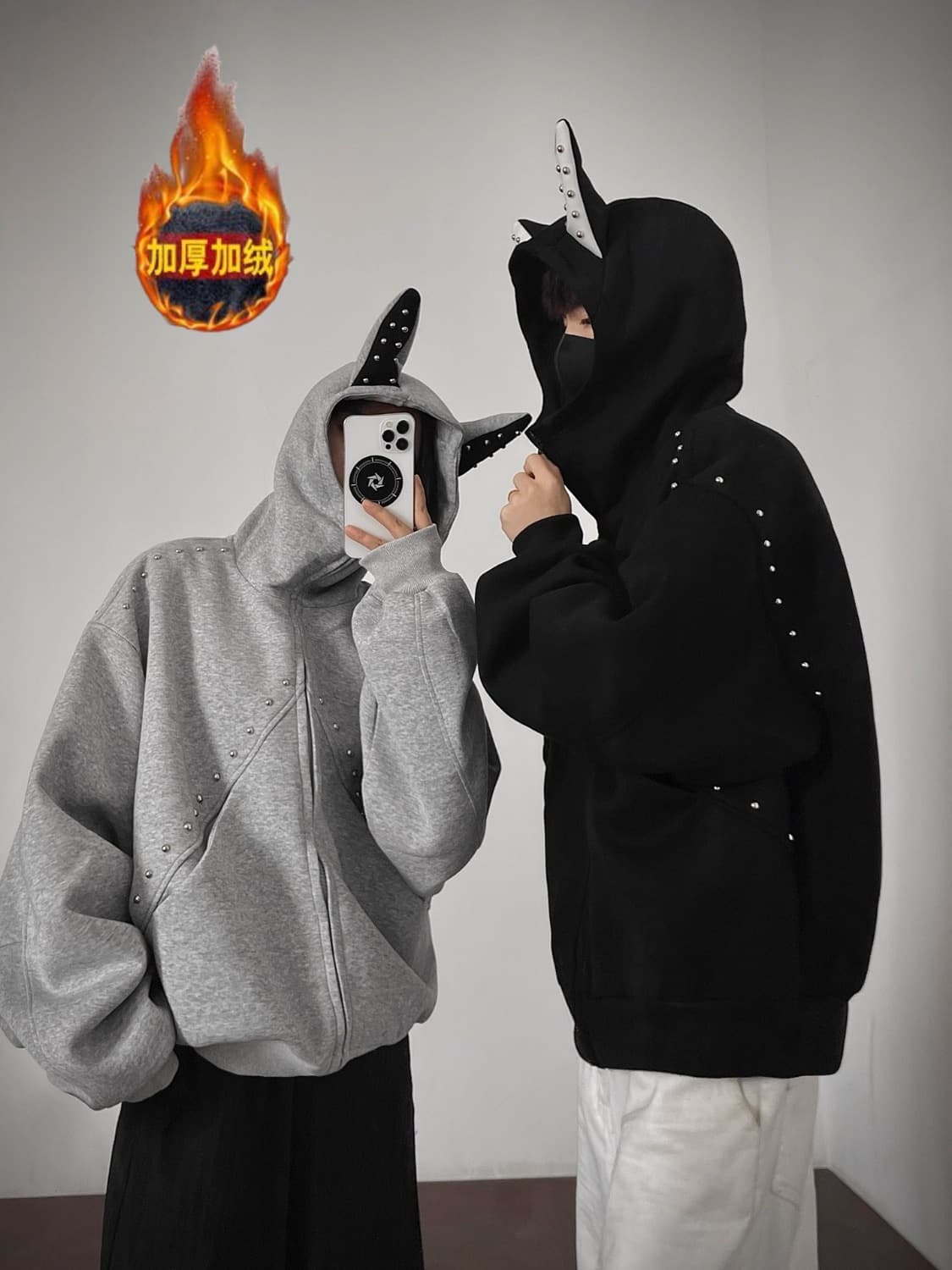 American Retro Rivet Patch Doberman Pinscher Hoodie Fleece-Lined Thick Trendy Couple Casual Hooded Sweatshirt Coat