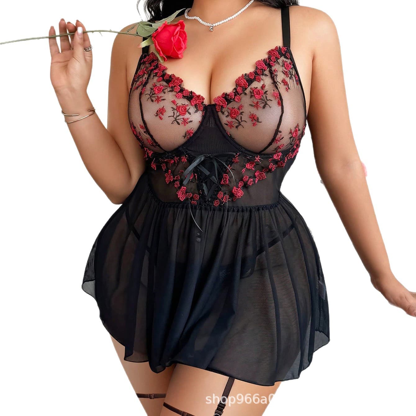 H68-541 Cross-border Trade Deep V Sexy Lingerie Camisole with Lace See-through Bra Set