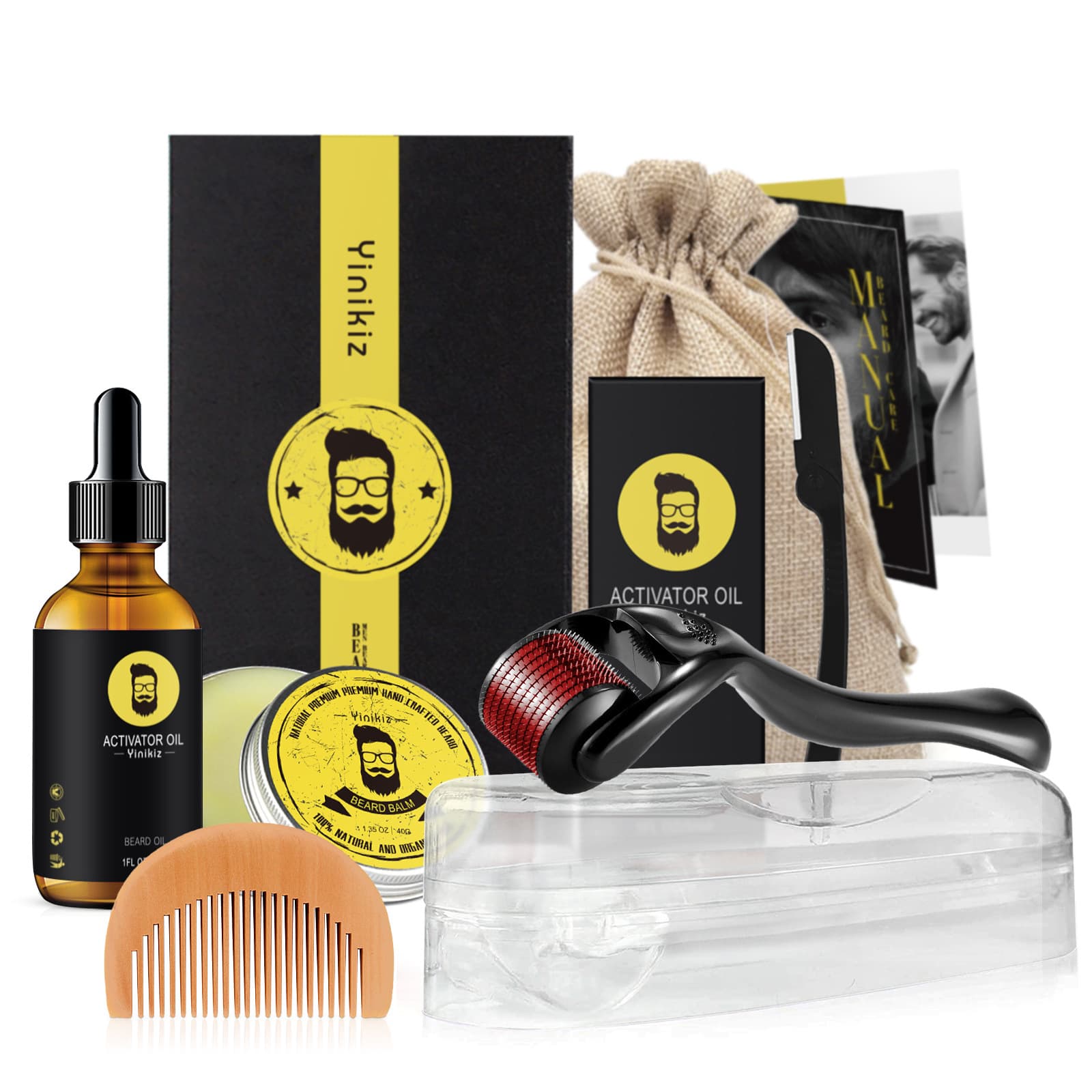 Beard Care Kit Gift Box Micro Needle DIY Styling Strong Moisturizing Beard Oil Wax for Facial Hair Grooming And Styling