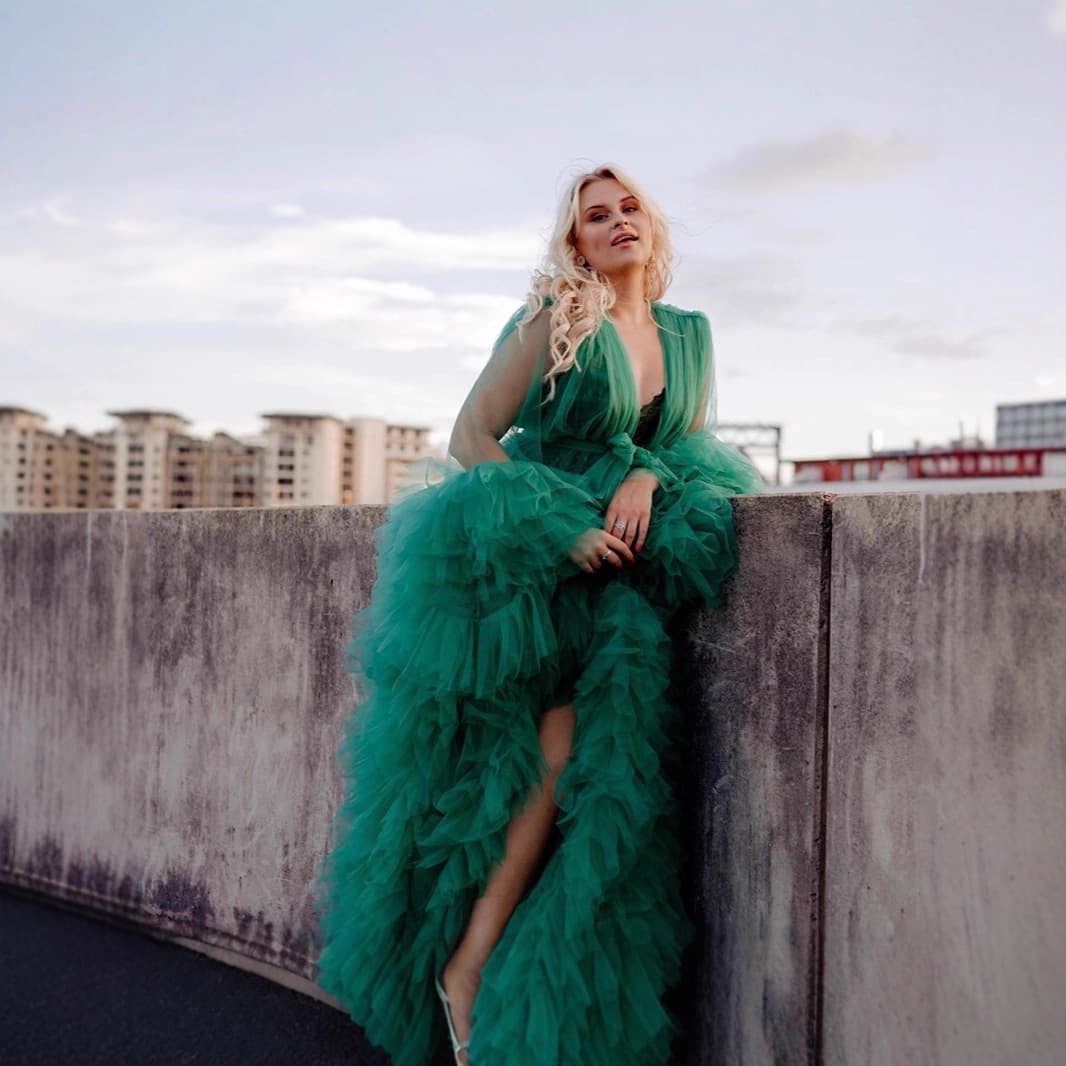【Molia】Green Morning Robe Mesh Dress, Women's Photoshoot Suit, Wedding Dress, Long Skirt