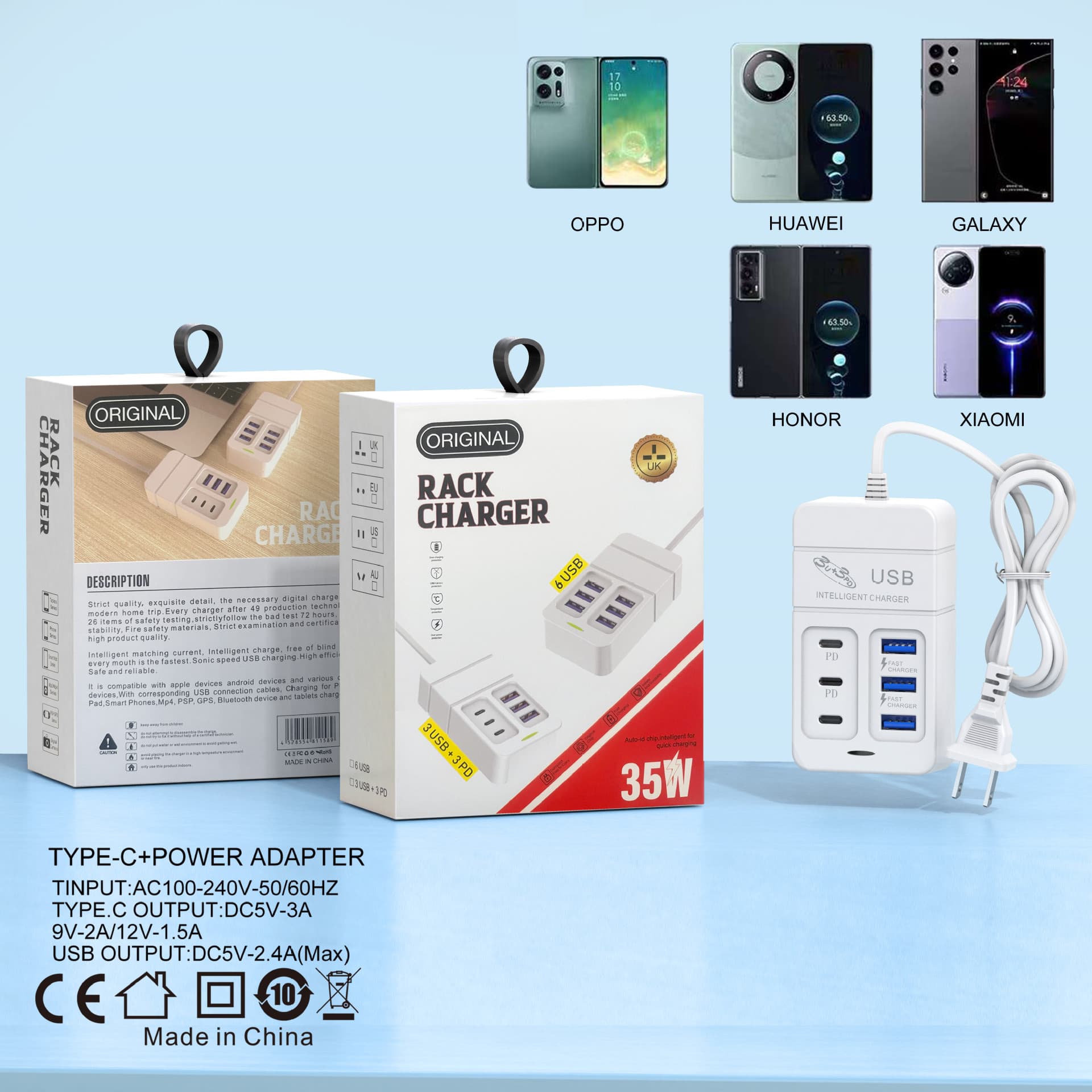 New 6-USB Phone Charger Power Strip with 3 PD Multi-Port Type-C Fast Charging Extension Cord Universal