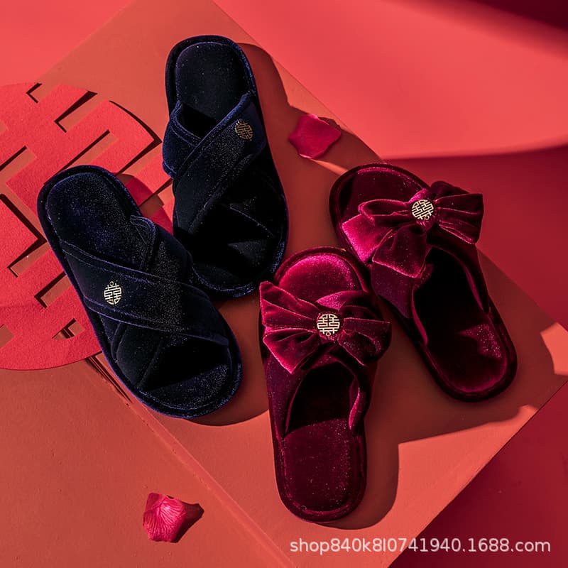 High-End Corduroy Cross-Strap Wedding Slippers Pair New European Red Festive Bride Groom Morning Robe Slippers