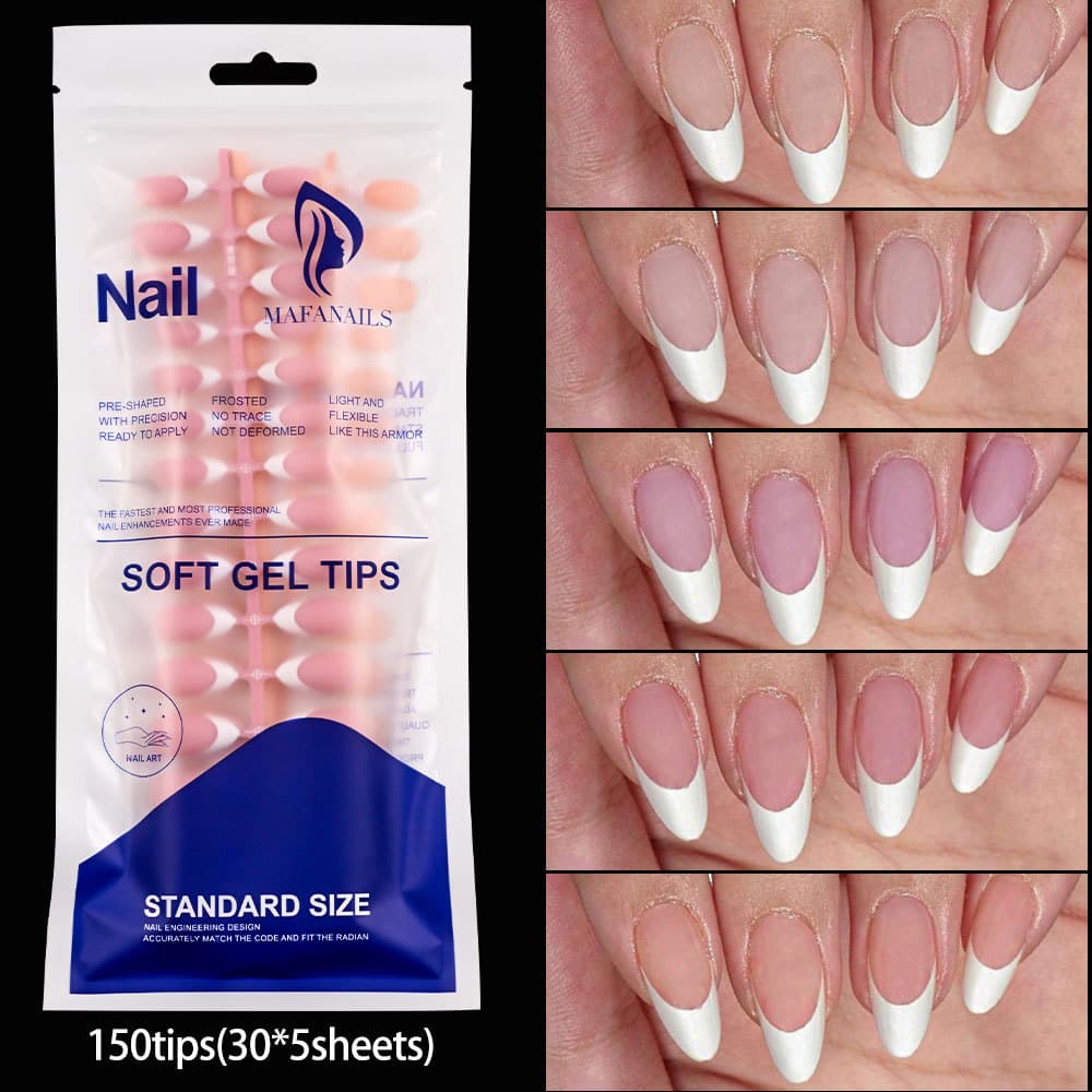 150-Piece Bag French White Edge Almond Press-On Nails Nude Pink False Nail Tips Full Cover Matte Manicure Nail Tips