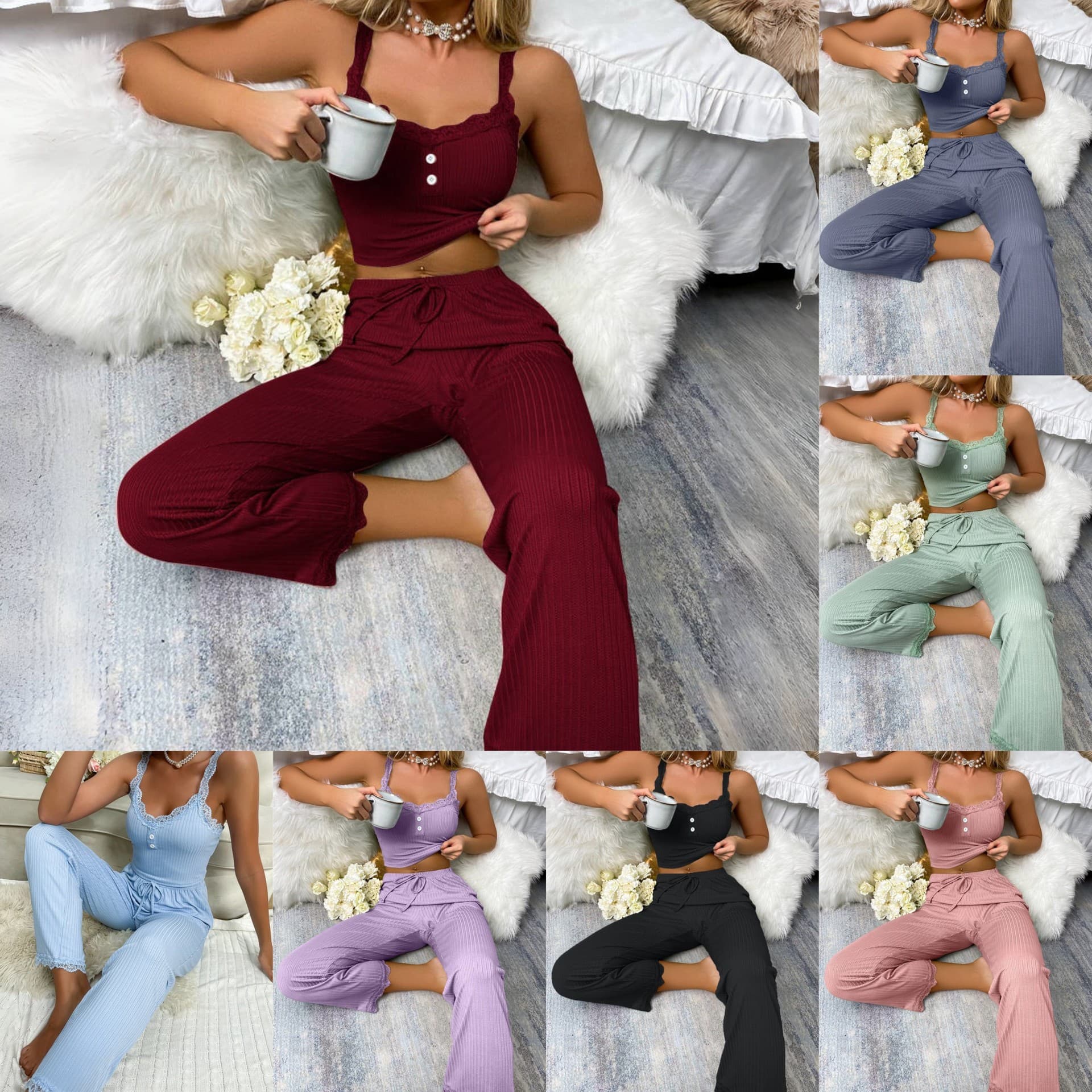 European and American Cross-Border Home Wear Lace Suspenders Pants Set Comfortable Elastic Home Casual Wearable Pajamas for Women
