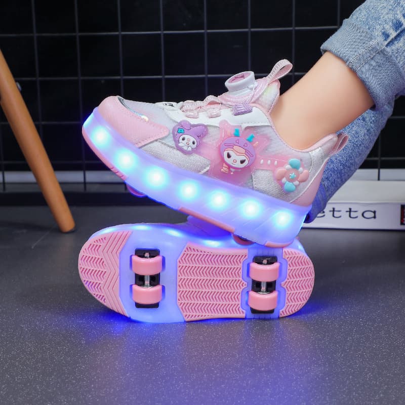 New Girls' Light-Up Four-Wheel Sports Sneakers 2025 Children's Mesh Roller Skating Shoes with LED Lights