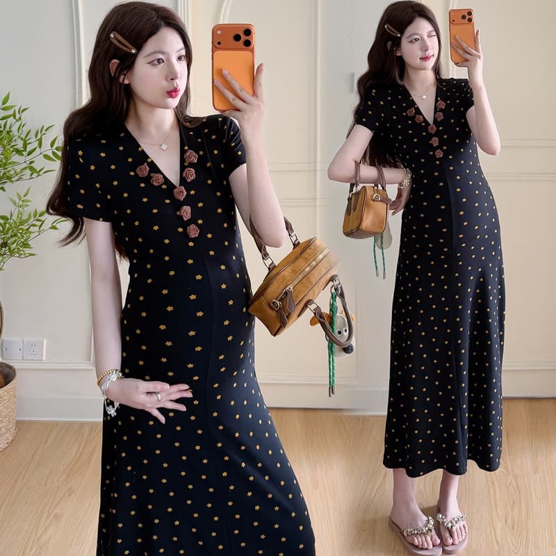 Gorgeous Summer Dress for Women, French-Style Elegant V-Neck Slim-Fit Short-Sleeve Bodycon Dress, Maternity Long Dress
