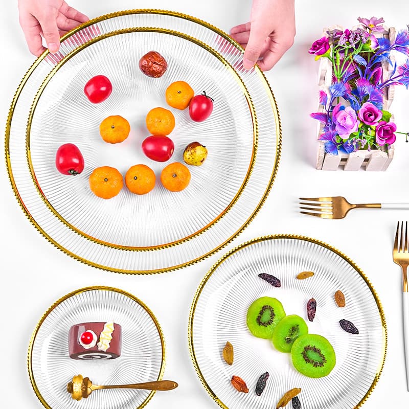 Gold Rim Vertical Stripe Glass Plate, Fruit Plate, Home Use Beaded Rim Steak Plate, Dessert Plate, Serving Tray, Decorative Piece