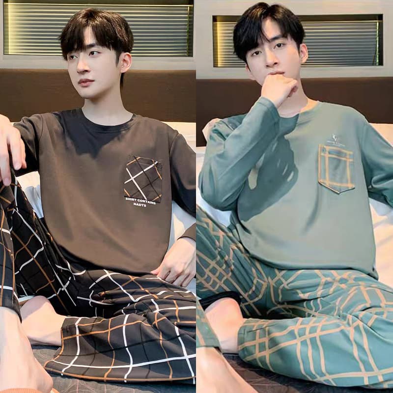Spot men's pajamas spring and autumn loose large size casual high-end plaid long-sleeved trousers autumn and winter home clothes