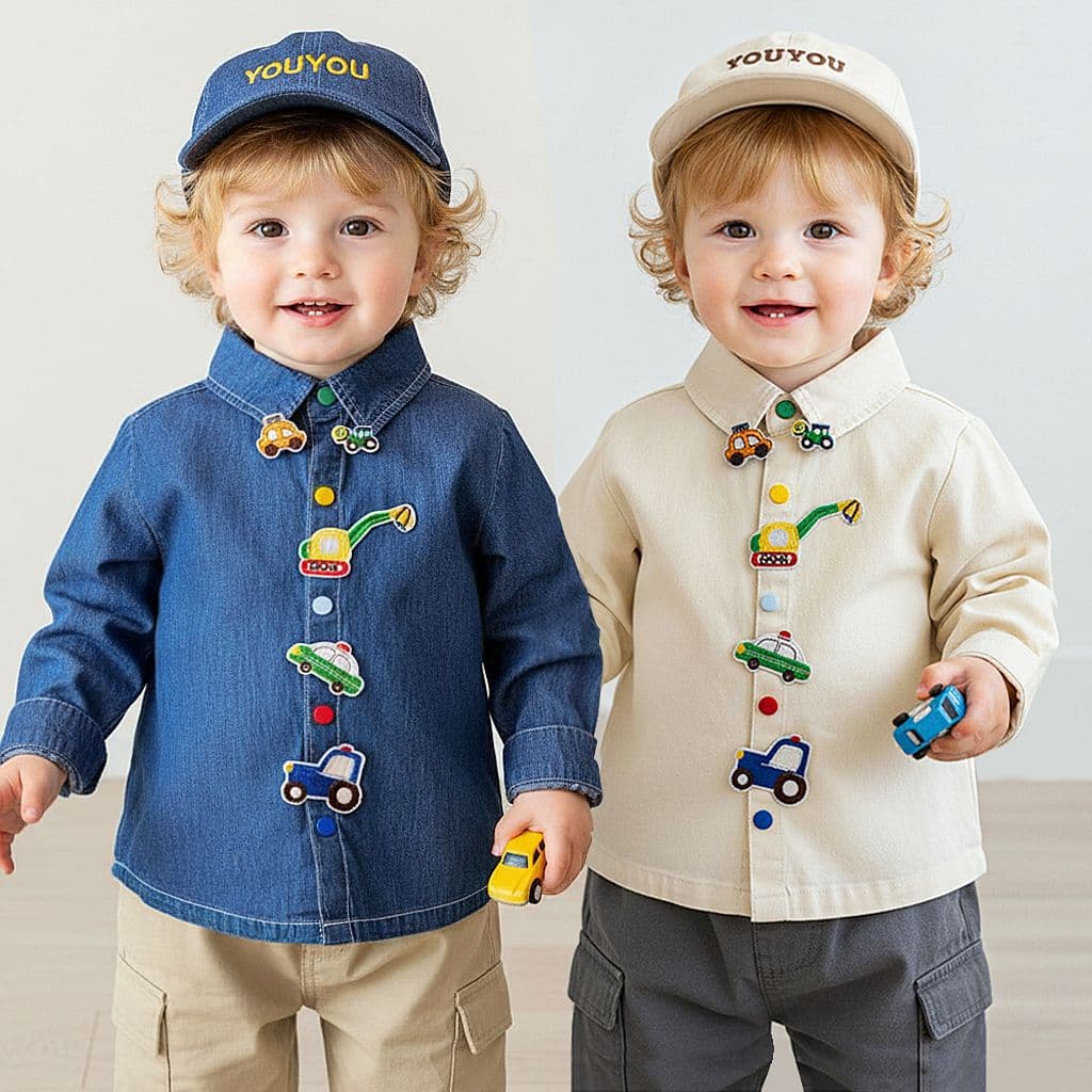 Japanese Children's Clothing ~ Spring/Fall Bestseller: Cute Car Print Lapel Top for Boys, Stylish Baby Shirt, Kids Casual Shirt