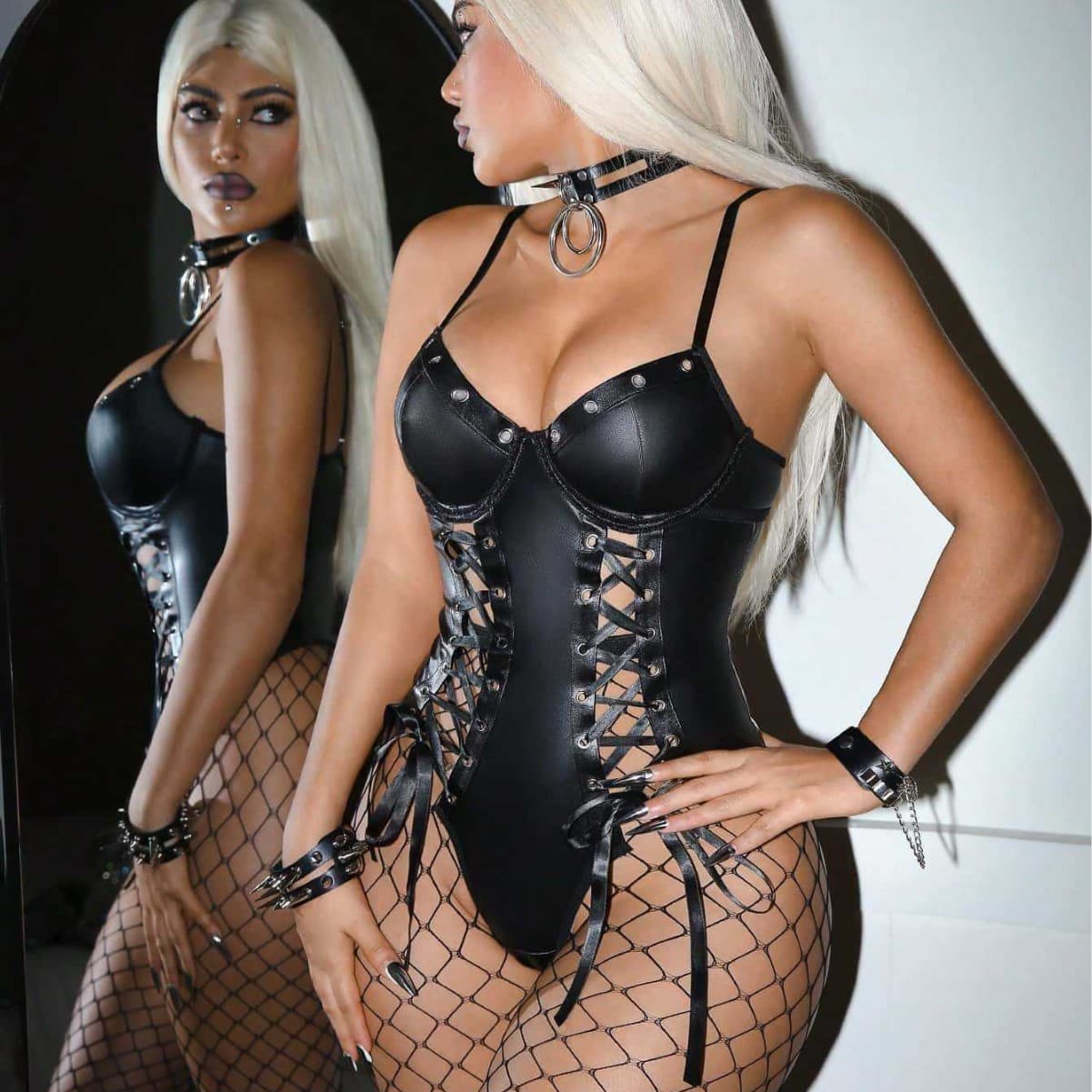 Sexy pure desire sexy uniform temptation jumpsuit patent leather hollow straps suspenders one-piece sexy lingerie set