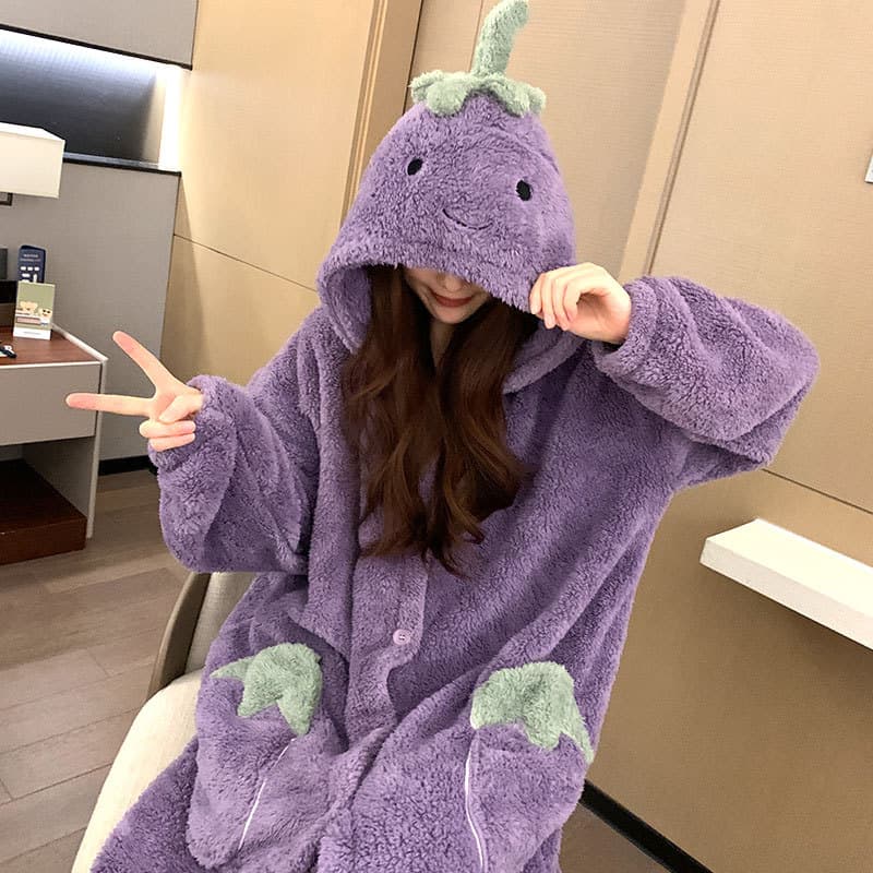 Cute Cartoon Little Eggplant Pajamas for Women 2025 New Winter Small Coral Velvet Thickened Pajamas Home Clothes Autumn