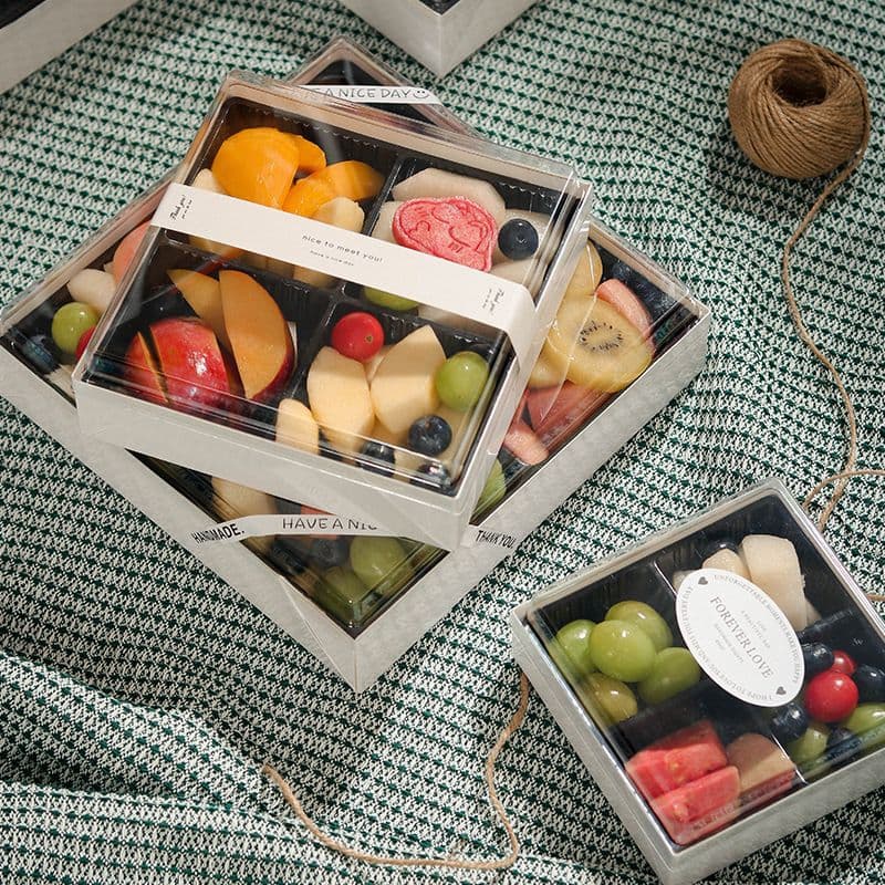 Four-Compartment Fruit Box, Quartered Strawberry Fresh Fruit Cut Packaging, Square Disposable Transparent Paper-Plastic Takeout Box
