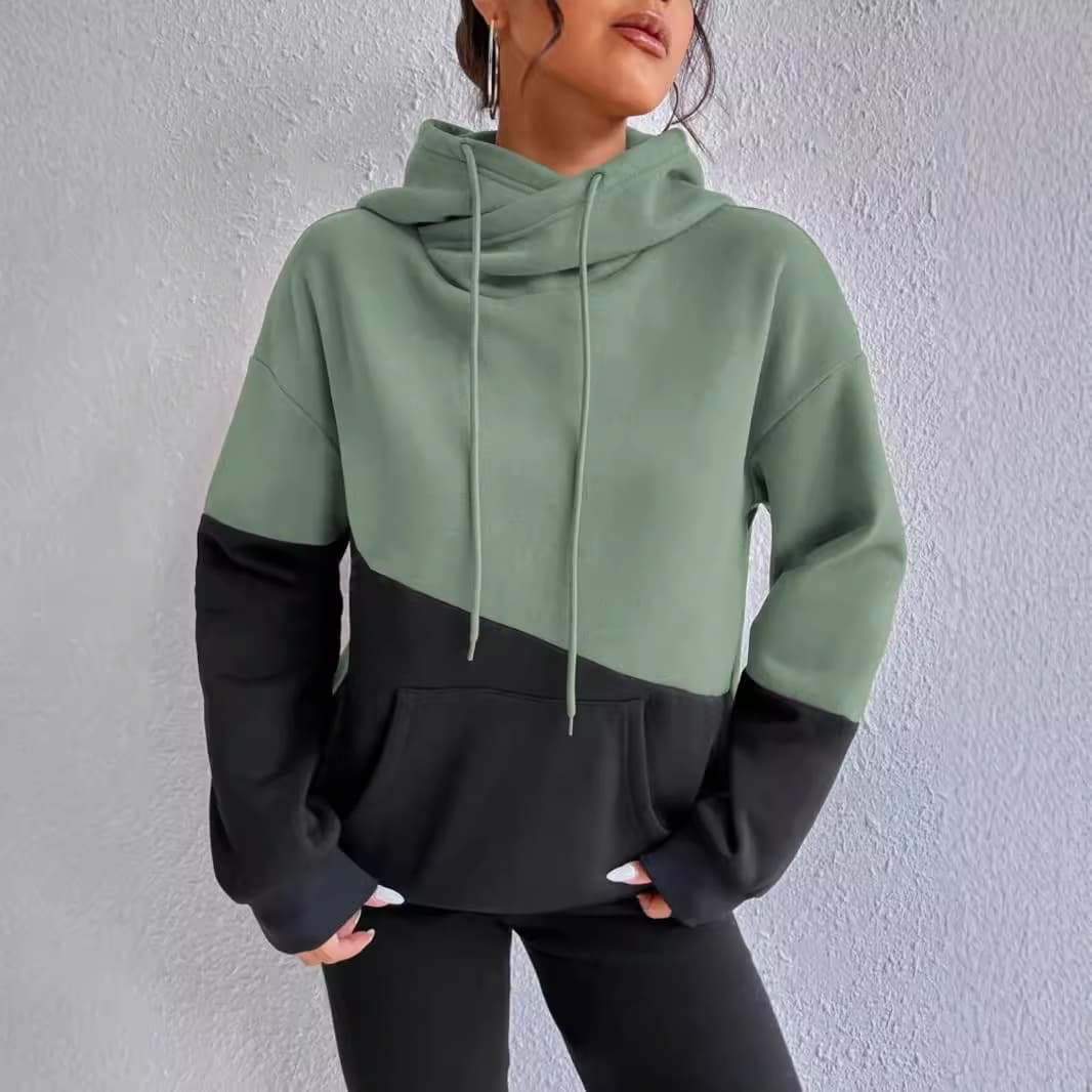 2024 Amazon Fall New Color Block Kangaroo Pocket Drawstring Loose Casual Hoodie Women Top