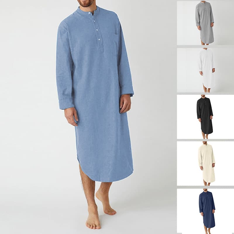 Spring and Autumn Men's Nightgown, Long-Sleeve Button-Down Solid Color Long Shirt, Casual Loose Men's Robe