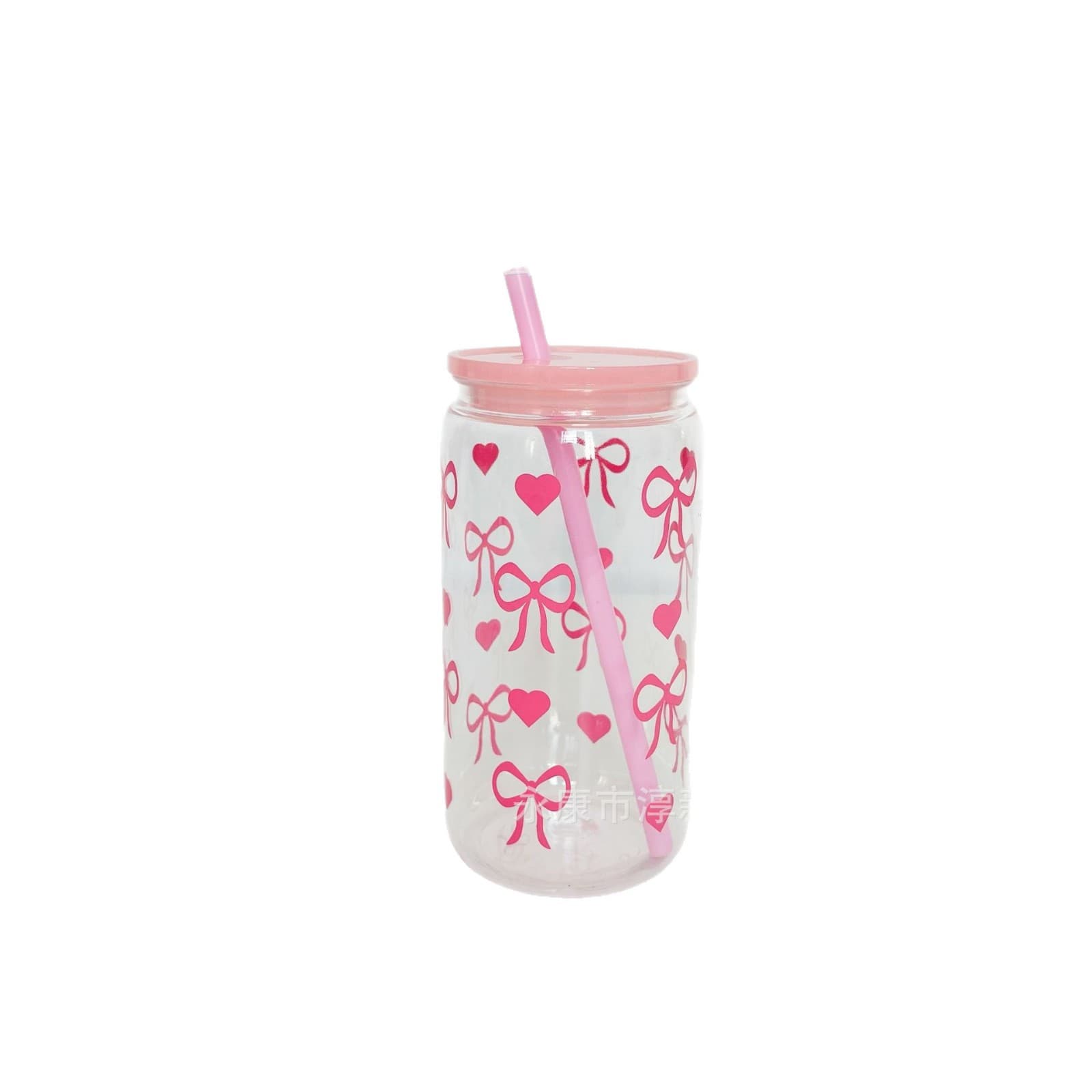 New Cross-border Transparent PC Plastic Cup 16OZ Mason Jar Printed Single-layer Bow Heart Mason Jar Straw Cup