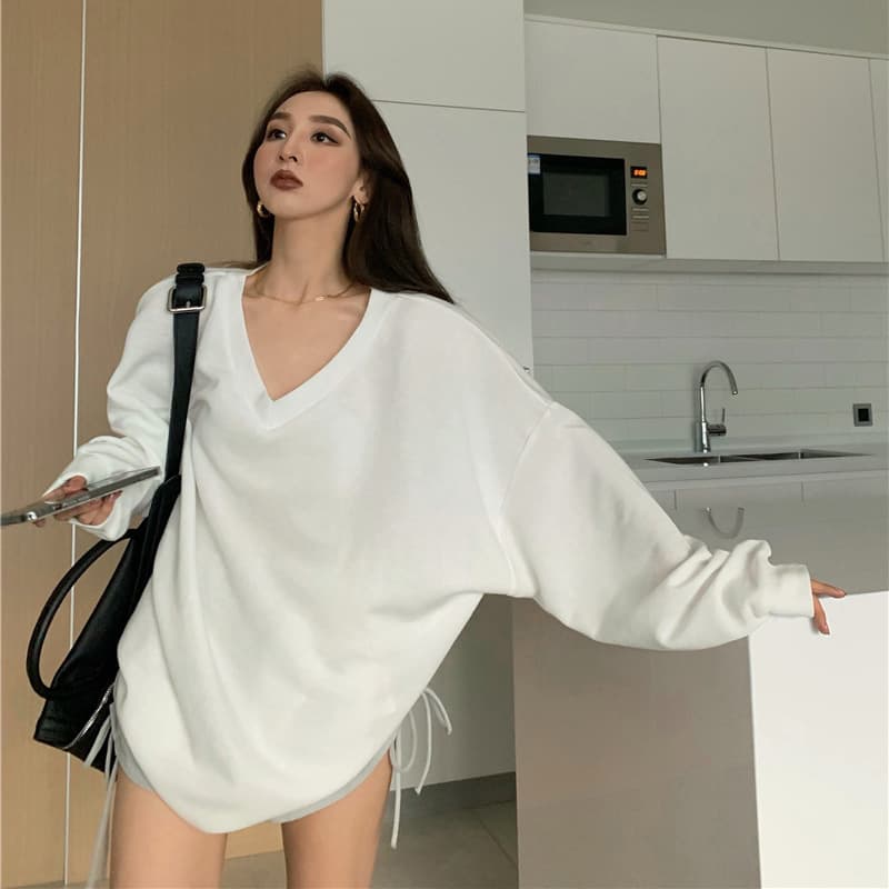 Autumn/Winter V-Neck Long Sleeve T-Shirt Women's Solid Color Loose-Fit Base Layer Top