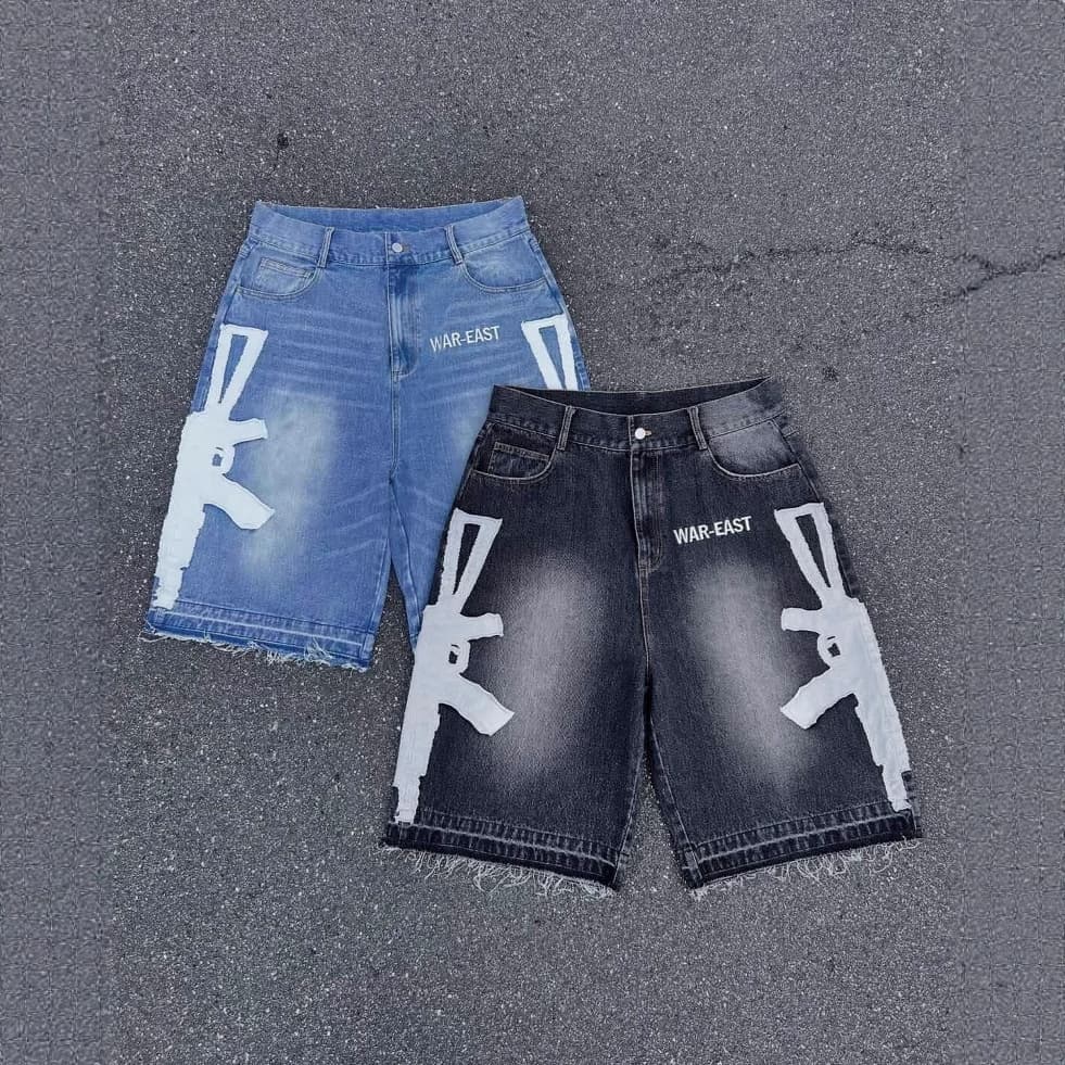 Summer European and American cross-border retro washed hip-hop letter print men's and women's five-point pants casual loose denim shorts