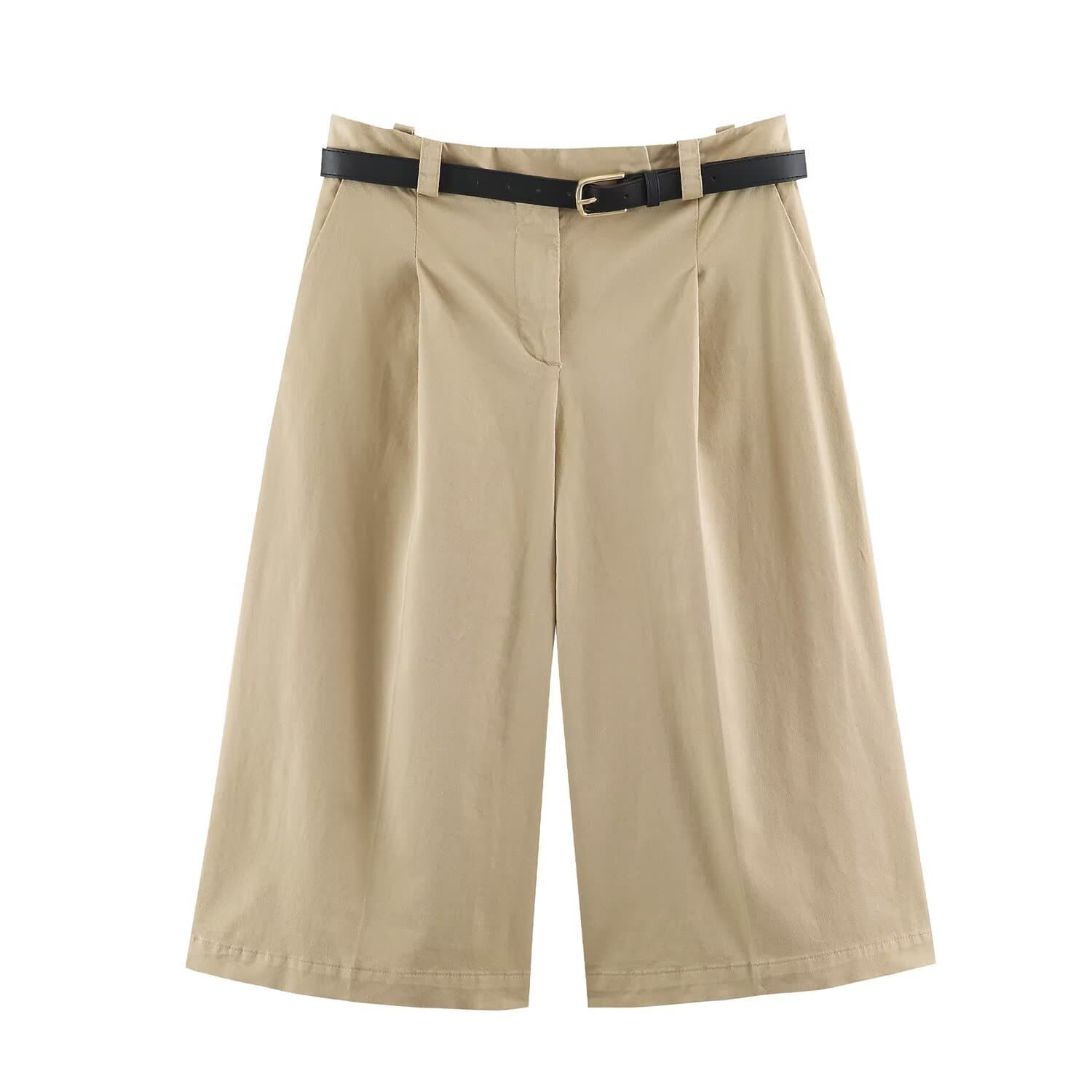PB&ZA early autumn foreign trade new women's high-waisted belted pleated long shorts five-quarter pants 7924377