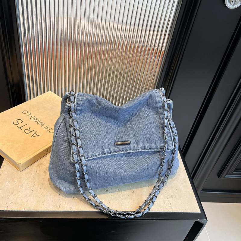 Korean-style Large-Capacity Denim Tote Bag for Female College Students, Casual Shopping Bag 2025 Commuter Single-Shoulder Crossbody Bag
