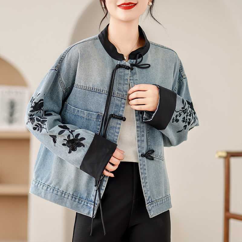 New Chinese Style Spring/Fall Retro Denim Jacket with Traditional Frog Buttons, Embroidered Leaf Print Design