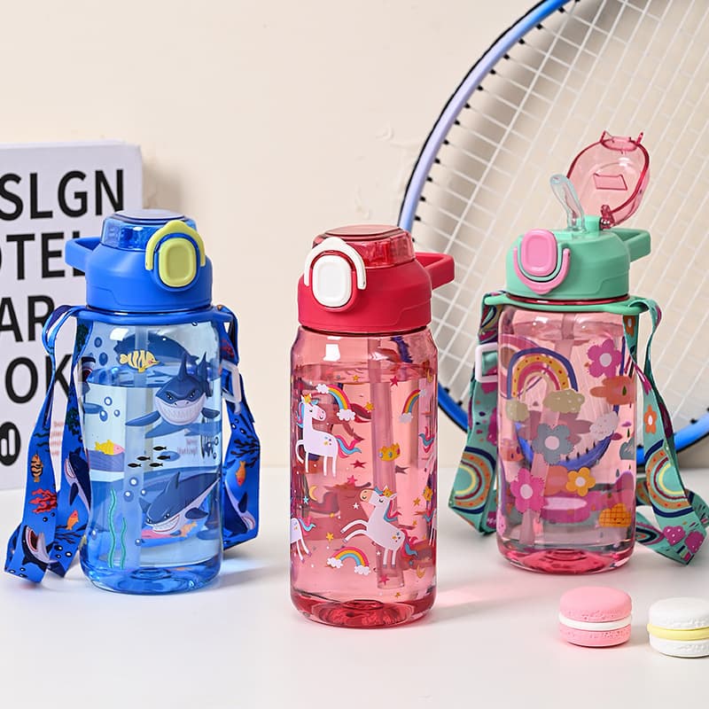 Elementary School Summer Kids Cartoon Plastic Cup with Straw and Strap, Durable Water Bottle with Liquid Silicone Spout, Portable Handle Cup