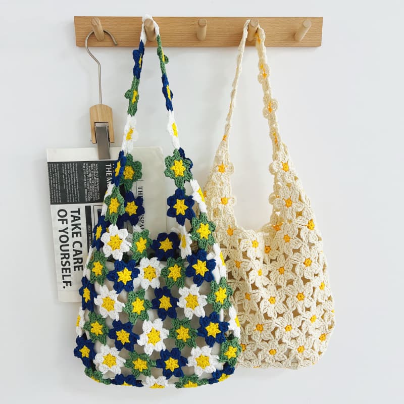 Handwoven Cotton Rope Bag Summer Knitted Yarn Shoulder Bag Floral Strap Vest Beach Seaside Bag Paper Woven Bag