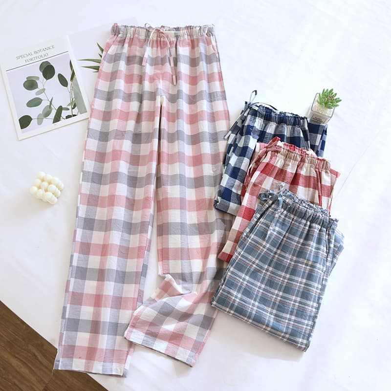 Plaid Washed Cotton Pajama Pants Women's Spring Summer Autumn Thin Sweat-Absorbing Breathable Cotton Home Pants Outwear Casual Trousers