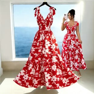 Amazon Printed Flowy Maxi Dress, Vacation Style, European & American V-Neck, Cross-Border