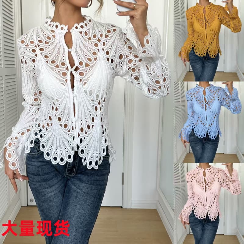 2025 Autumn European/American Women's Clothing eBaya Ripped Sexy Bell Sleeve Breathable Knit Lace Women's Top 3359
