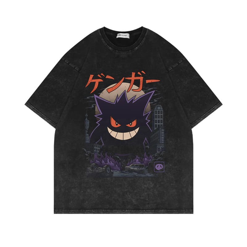 Washed Vintage Brushed Short Sleeve T-Shirt Gengar Anime Pokemon American Streetwear Oversize