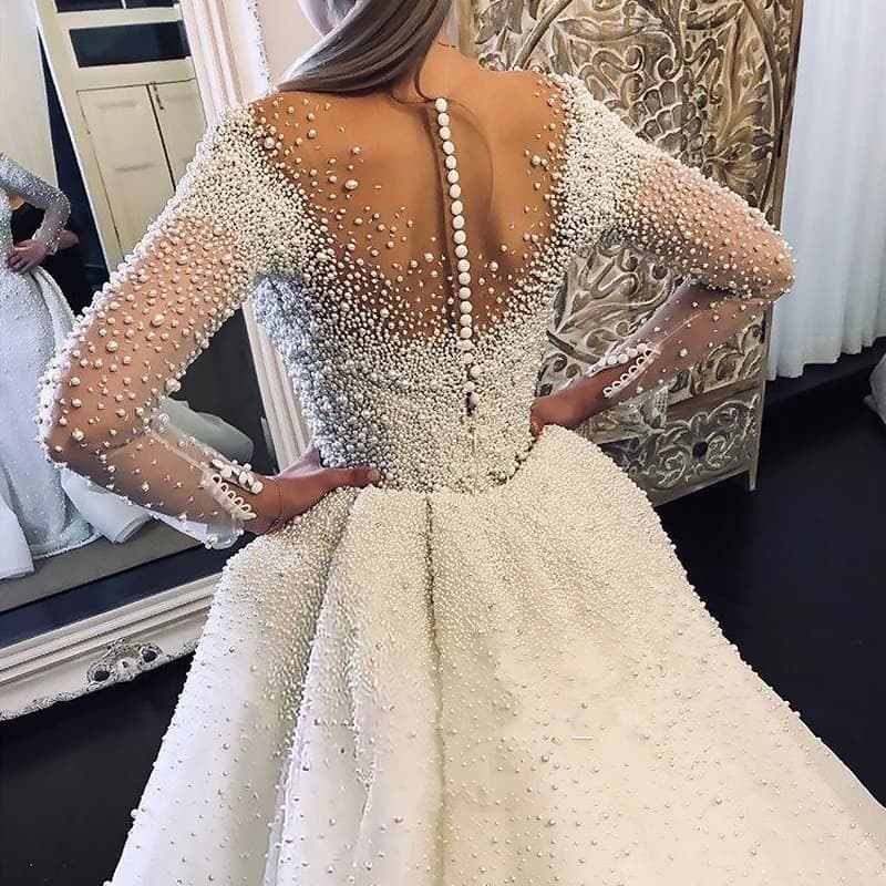 Wedding Dress Cross-Border Trade Long Sleeve Two-Way Mermaid Heavy Pearl Beading V-Neck Backless Mermaid Gown