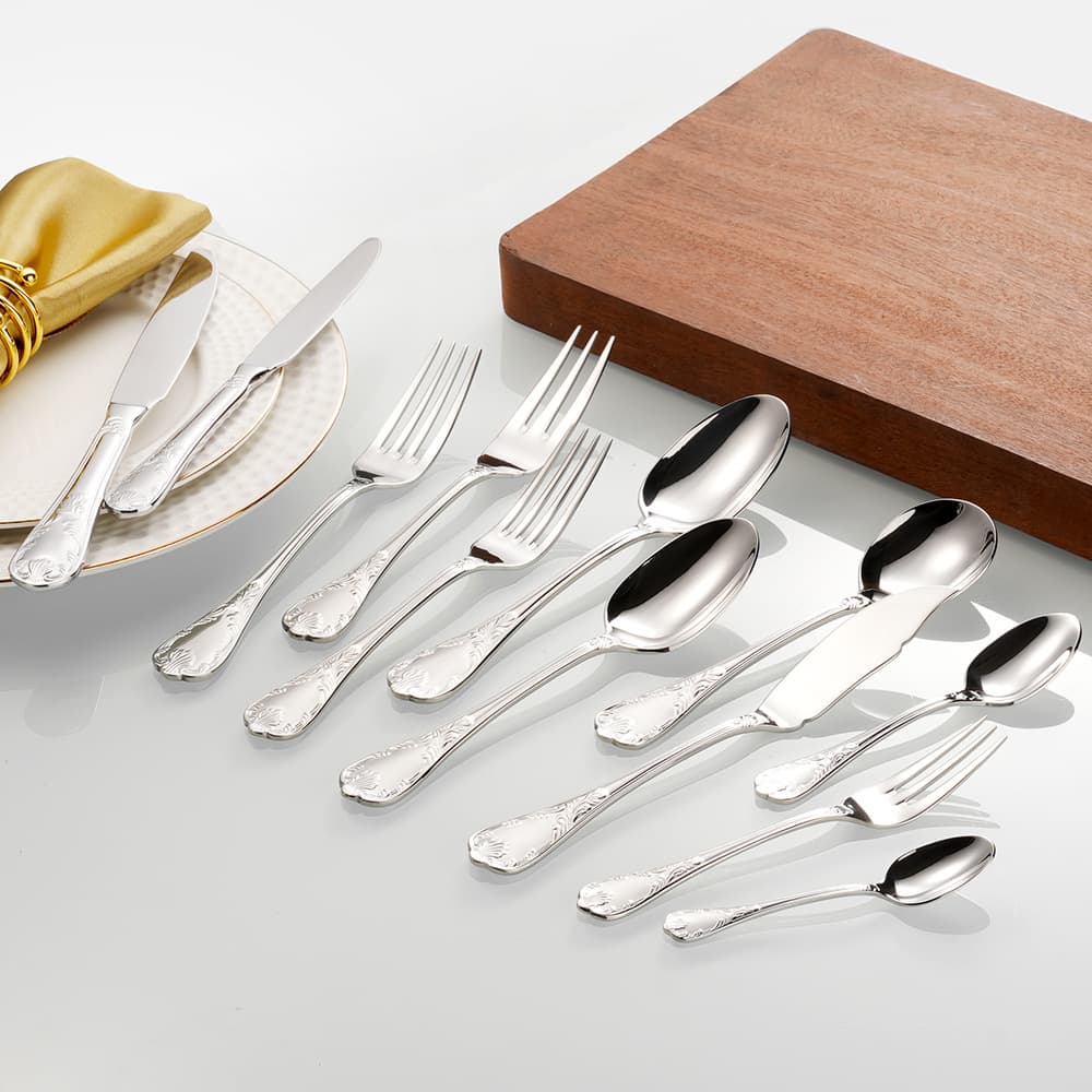 High-end Hotel Western Restaurant Embossed Cutlery Set 304 Stainless Steel Dinner Knife, Fork, Spoon, Tea Spoon, Tea Fork, Dessert Spoon
