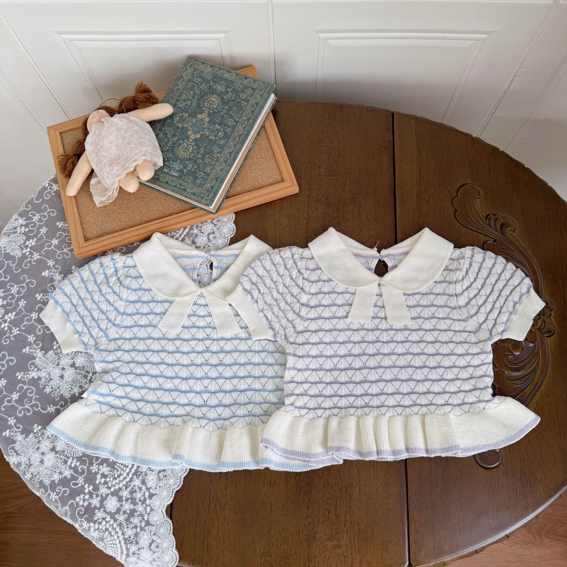 Cutemily Spring/Summer Ins Baby Girl Pullover Mandarin Collar Knit Top Thin Cute Turn-Down Collar Striped Knit Short Sleeve