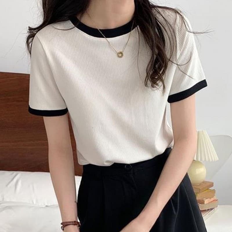 Casual Base Layer Short Sleeve T-Shirt for Women, Slim Fit, 2025 Summer New Korean Style, Round Neck, Women's Fashion