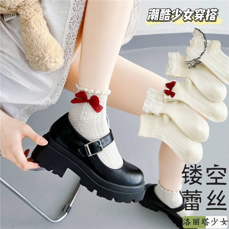 Lolita socks for women, Japanese JK style white lace socks, trendy Lolita bow large lace mid-calf socks.