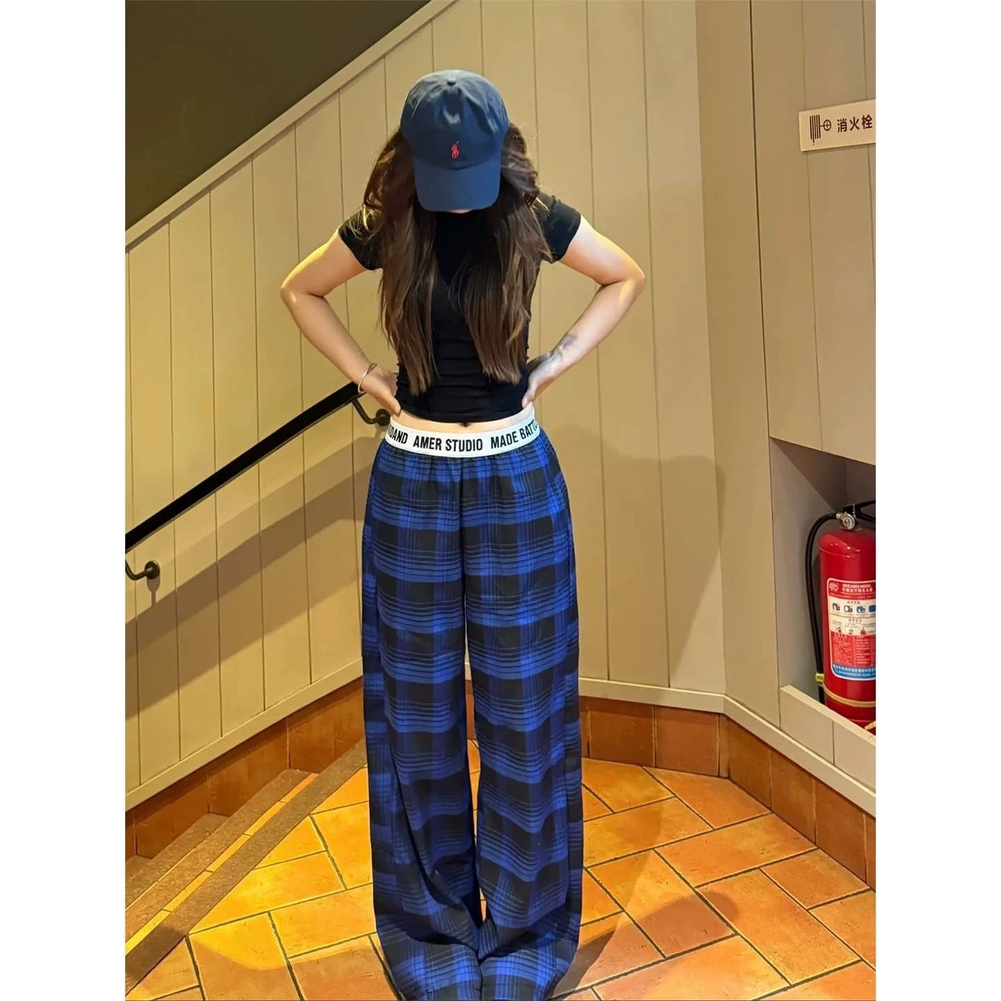 American retro high street blue plaid casual pants for men and women summer thin cleanfit plaid straight wide leg pants
