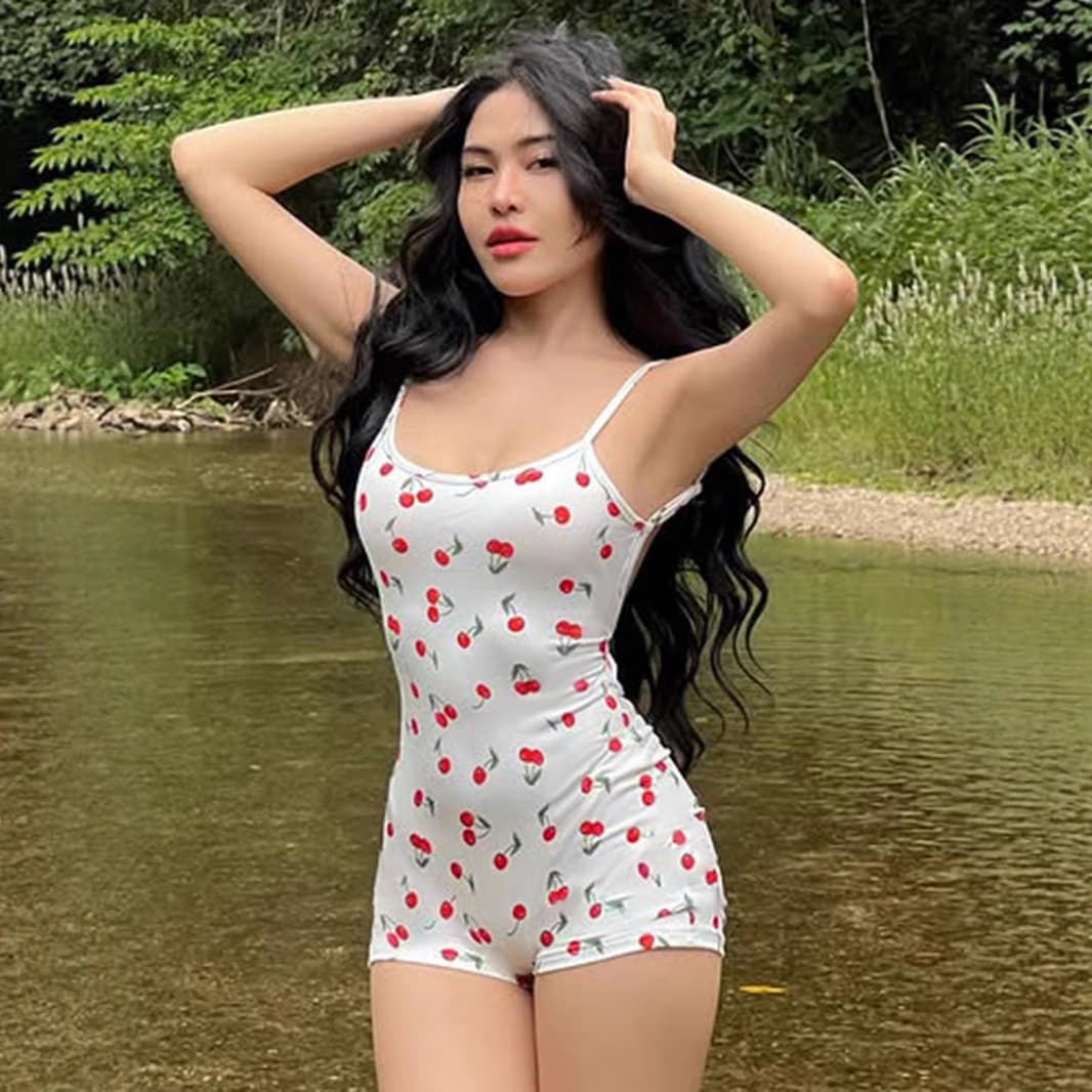 Sweet and Spicy Cherry Print Camo Bodysuit French Sexy Backless Tie Low Waist Tight Shorts Women's Clothing