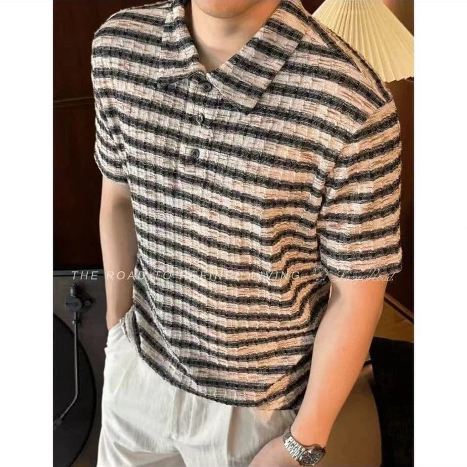 Light mature style striped seersucker polo men's short-sleeved contrast striped breathable men's lapel top