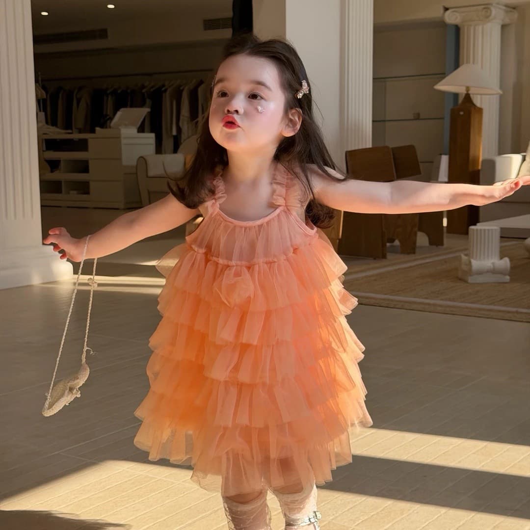 Girls Summer Dress 2026 New Orange Pink Cake Dress Girl Baby Fashionable Sweet Mesh Skirt