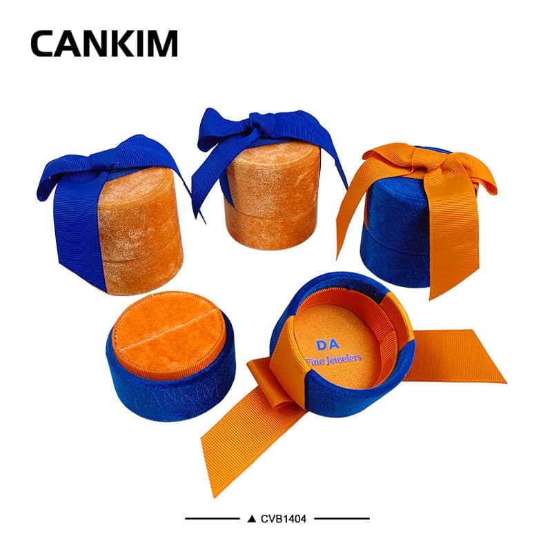 Orange and Blue Contrast Velvet Round Ring Box with Bow Design Jewelry Box Engagement Wedding Ring Necklace Storage Box